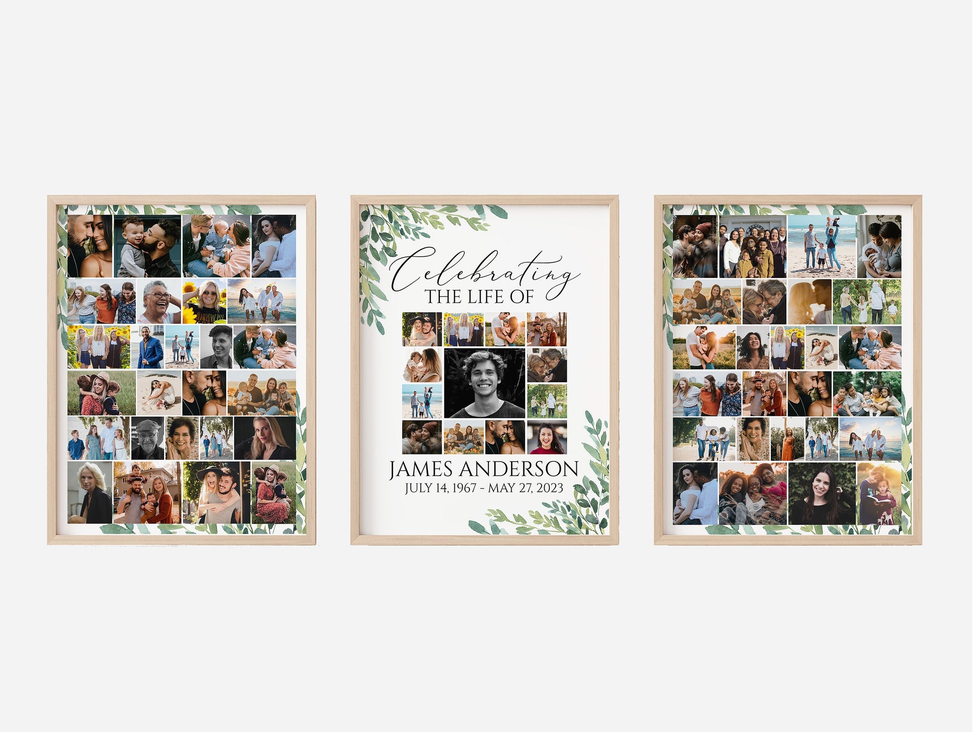 Celebration Of Life Watercolor Greenery Photo Collage Funeral Welcome Sign Templates, Editable Greenery Photo Collage Funeral Poster, Photo Memorial Sign, Funeral Photo Display Set G2