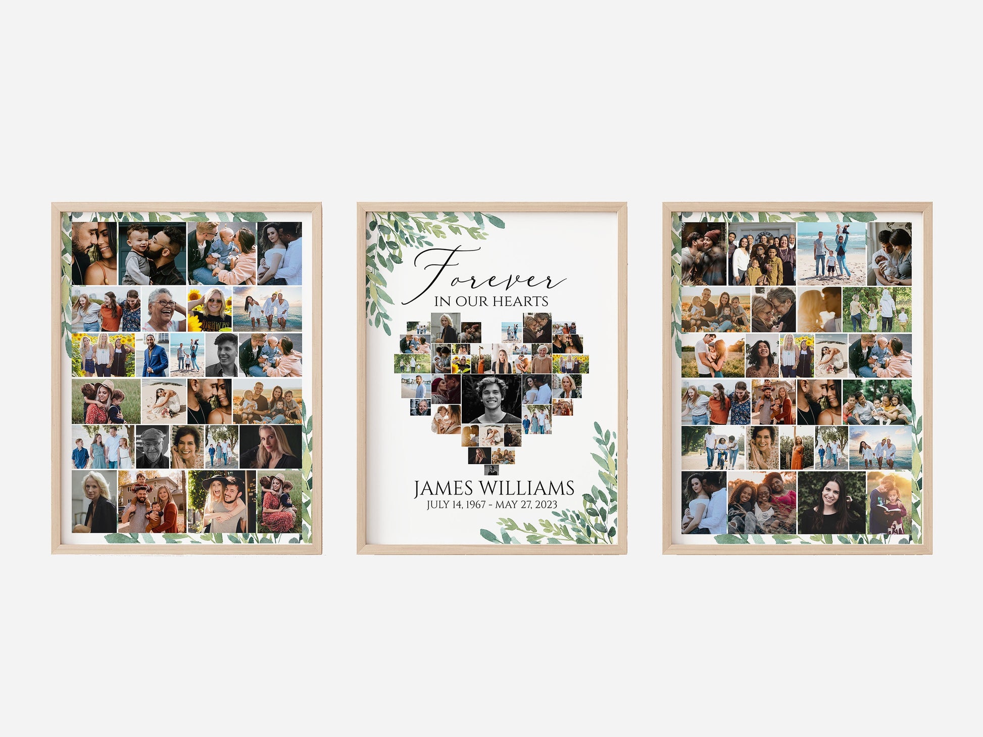 Forever in our Hearts Watercolor Greenery Heart Photo Collage Funeral Welcome Sign Template, Editable Greenery Heart Photo Collage Funeral Sign, Memorial Photo Display Set G2