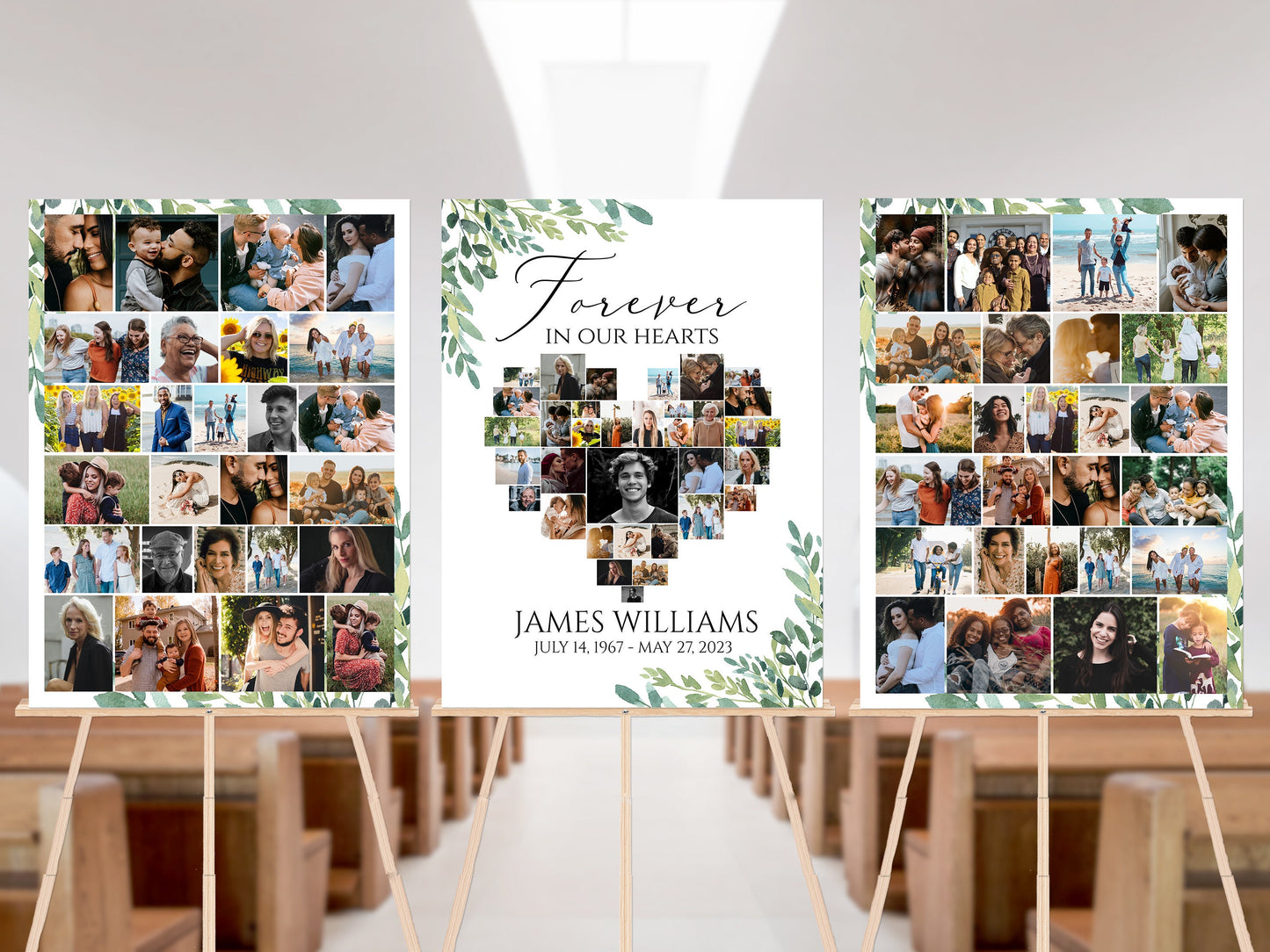 Forever in our Hearts Watercolor Greenery Heart Photo Collage Funeral Welcome Sign Template, Editable Greenery Heart Photo Collage Funeral Sign, Memorial Photo Display Set G2