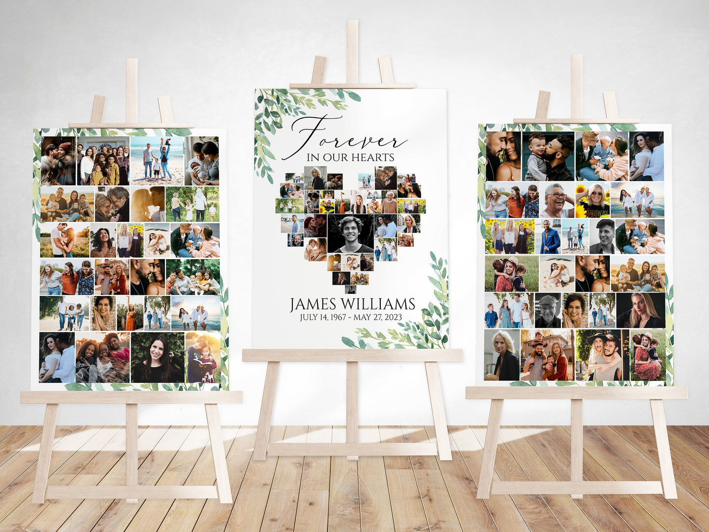 Forever in our Hearts Watercolor Greenery Heart Photo Collage Funeral Welcome Sign Template, Editable Greenery Heart Photo Collage Funeral Sign, Memorial Photo Display Set G2