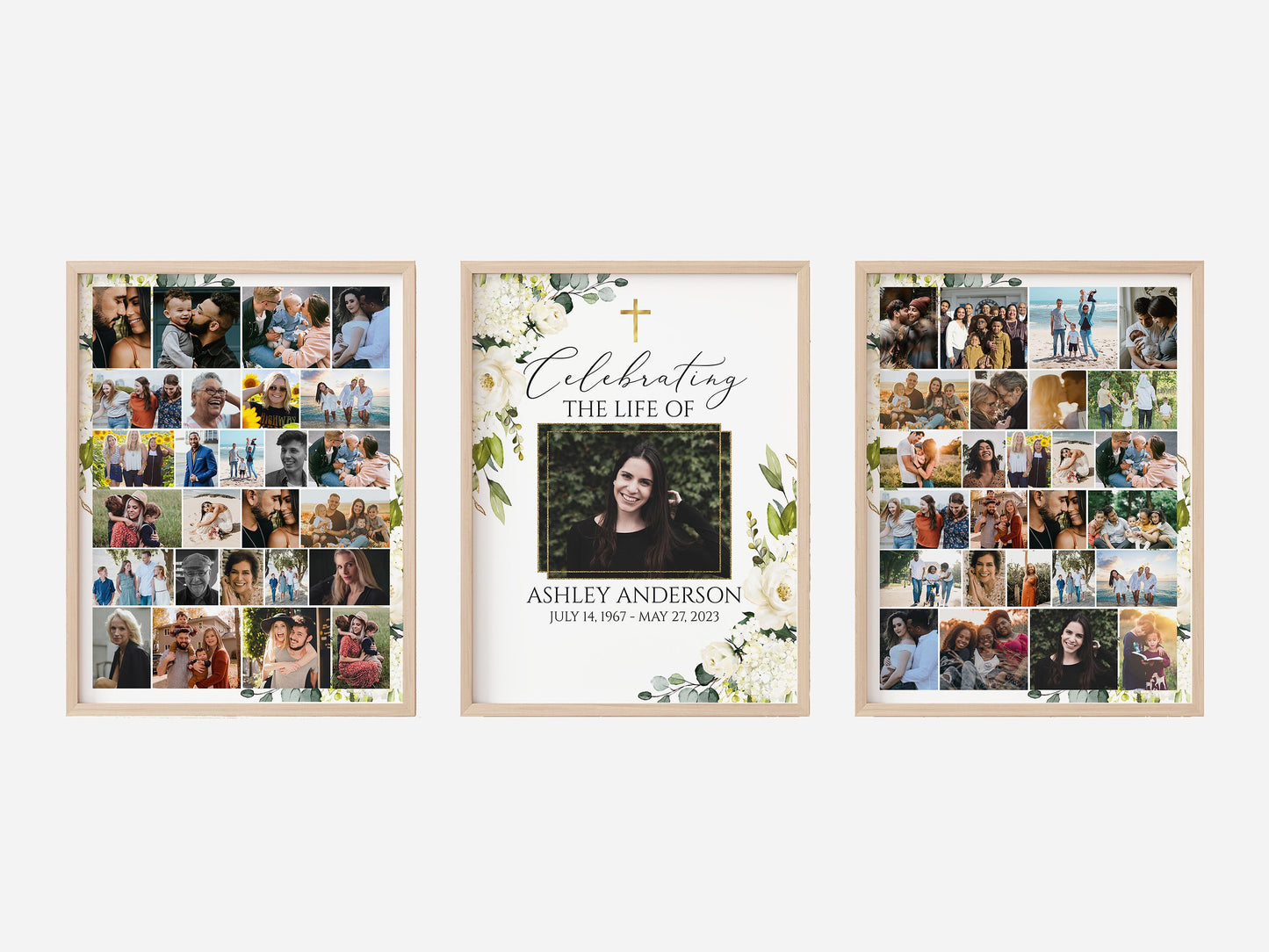 Celebration Of Life White Greenery Floral Gold Cross Photo Collage Funeral Welcome Sign Templates, White Greenery Photo Memorial Sign, Funeral Photo Display Set