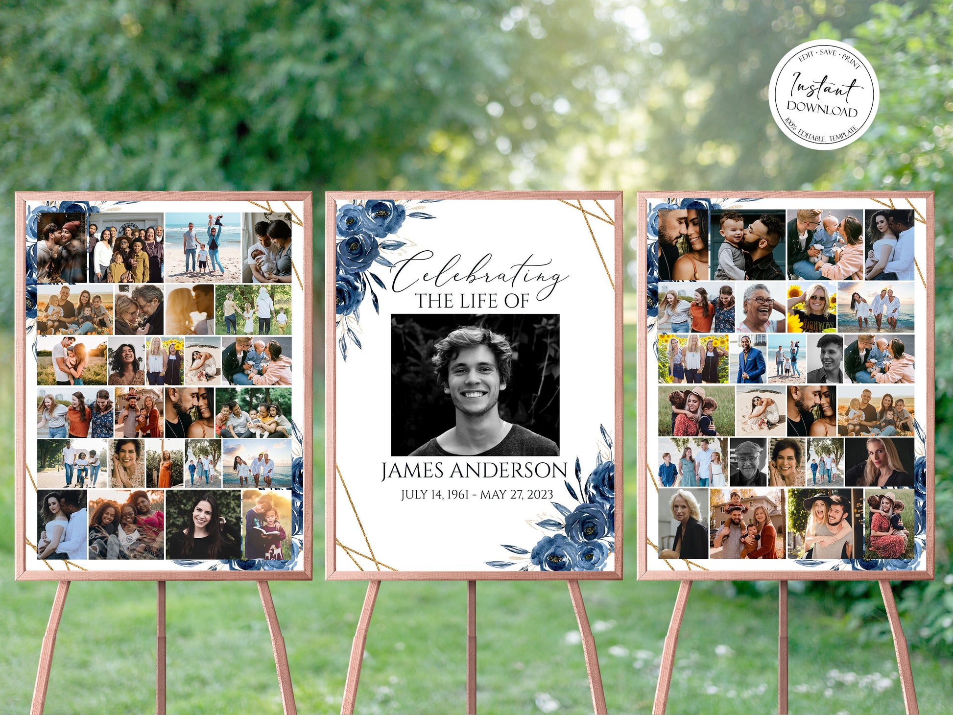 Celebration Of Life Royal Blue Flowers Gold Photo Collage Funeral Welcome Sign Set Templates, Photo Memorial Sign, Blue Funeral Photo Display Set B2