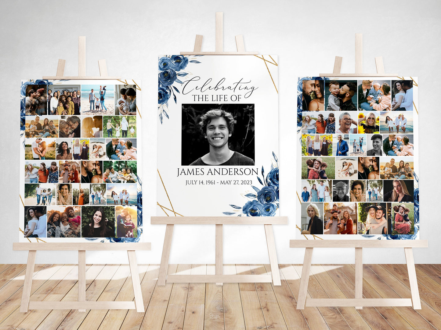 Celebration Of Life Royal Blue Flowers Gold Photo Collage Funeral Welcome Sign Set Templates, Photo Memorial Sign, Blue Funeral Photo Display Set B2