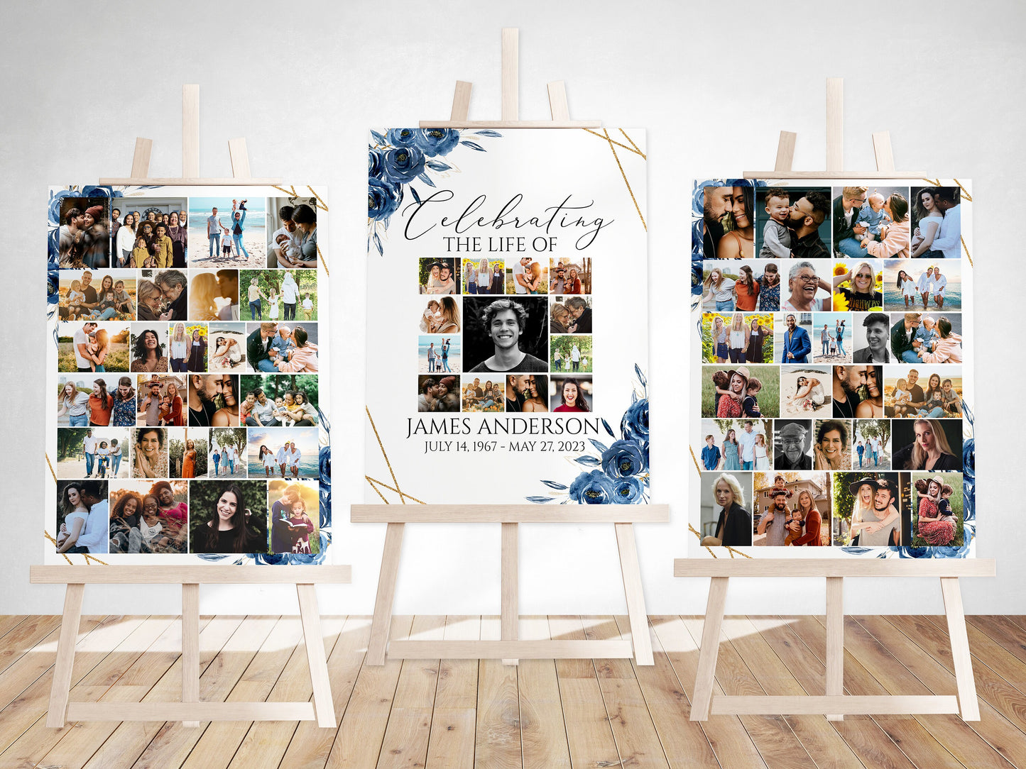 Celebration Of Life Royal Blue Flowers Gold Photo Collage Funeral Welcome Sign Set Templates, Blue Photo Memorial Sign Funeral Poster Photo Display Set B2