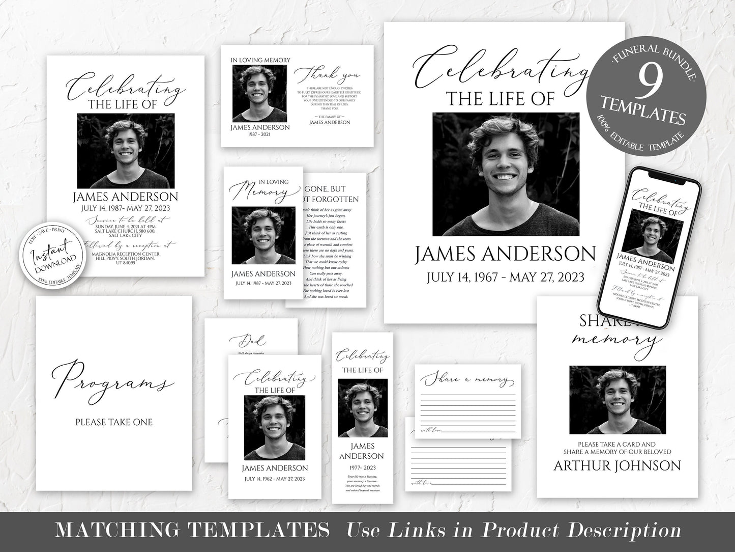 Celebration Of Life Funeral Poster Editable Simple Photo Collage Funeral Sign Simple Photo Memorial Sign Funeral Poster Photo Display Set S1