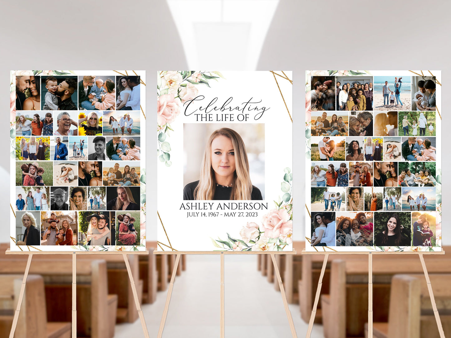 Celebration Of Life Blush Pink Roses Photo Collage Funeral Welcome Sign Template P4