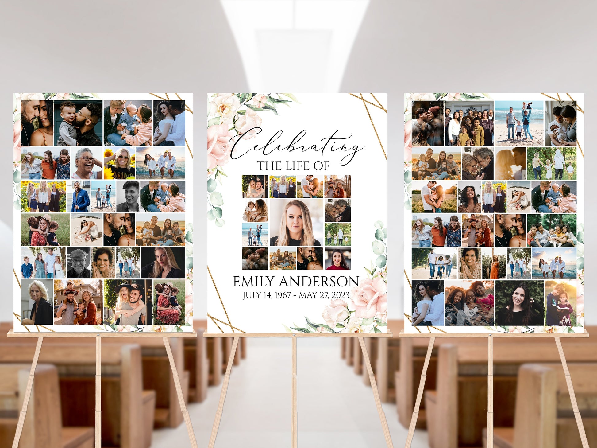 Celebration Of Life Funeral Poster, Editable Blush Pink Roses Photo Collage Funeral Sign, Memorial Sign, Funeral Poster Photo Display Set P4