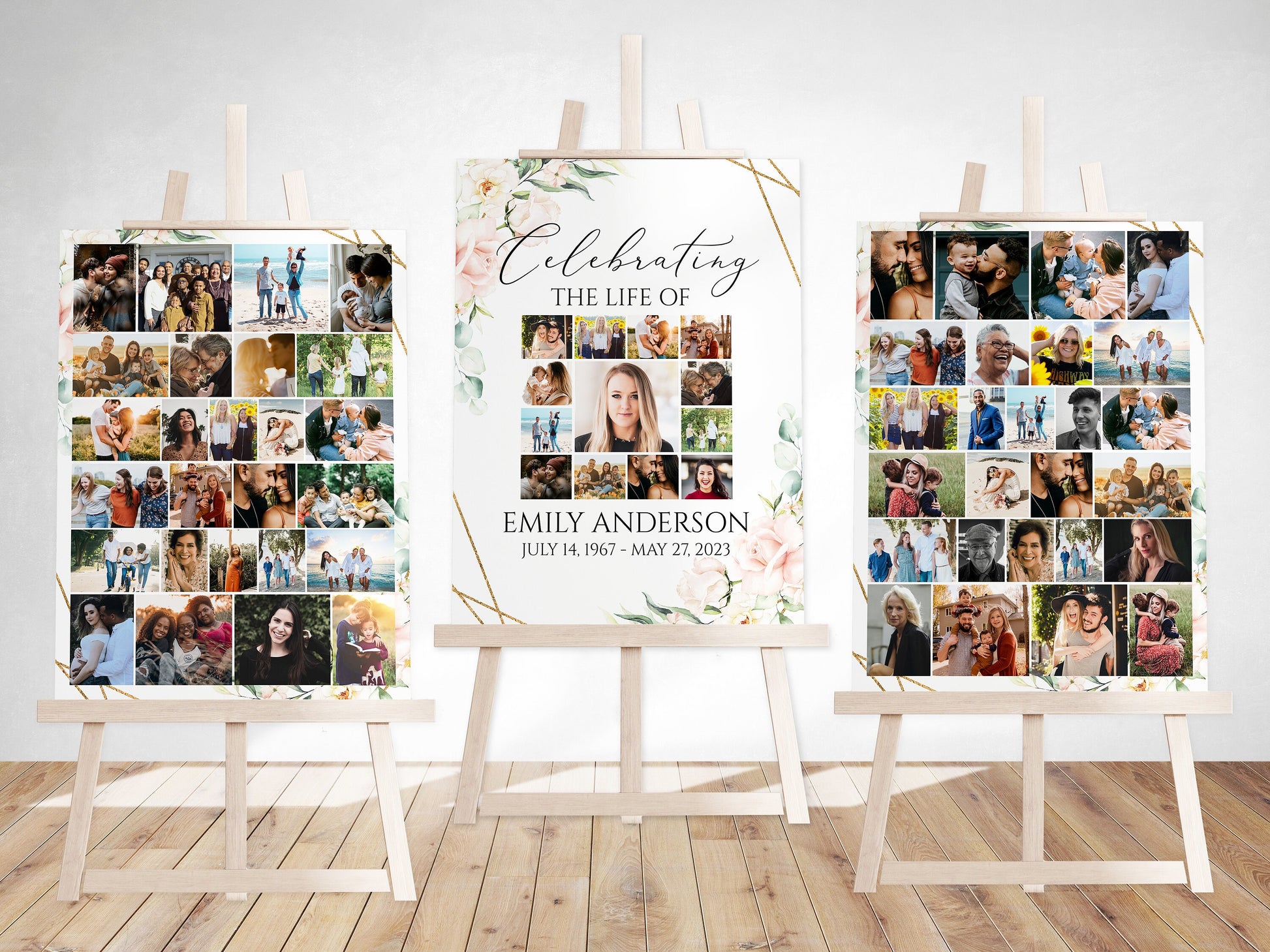 Celebration Of Life Funeral Poster, Editable Blush Pink Roses Photo Collage Funeral Sign, Memorial Sign, Funeral Poster Photo Display Set P4