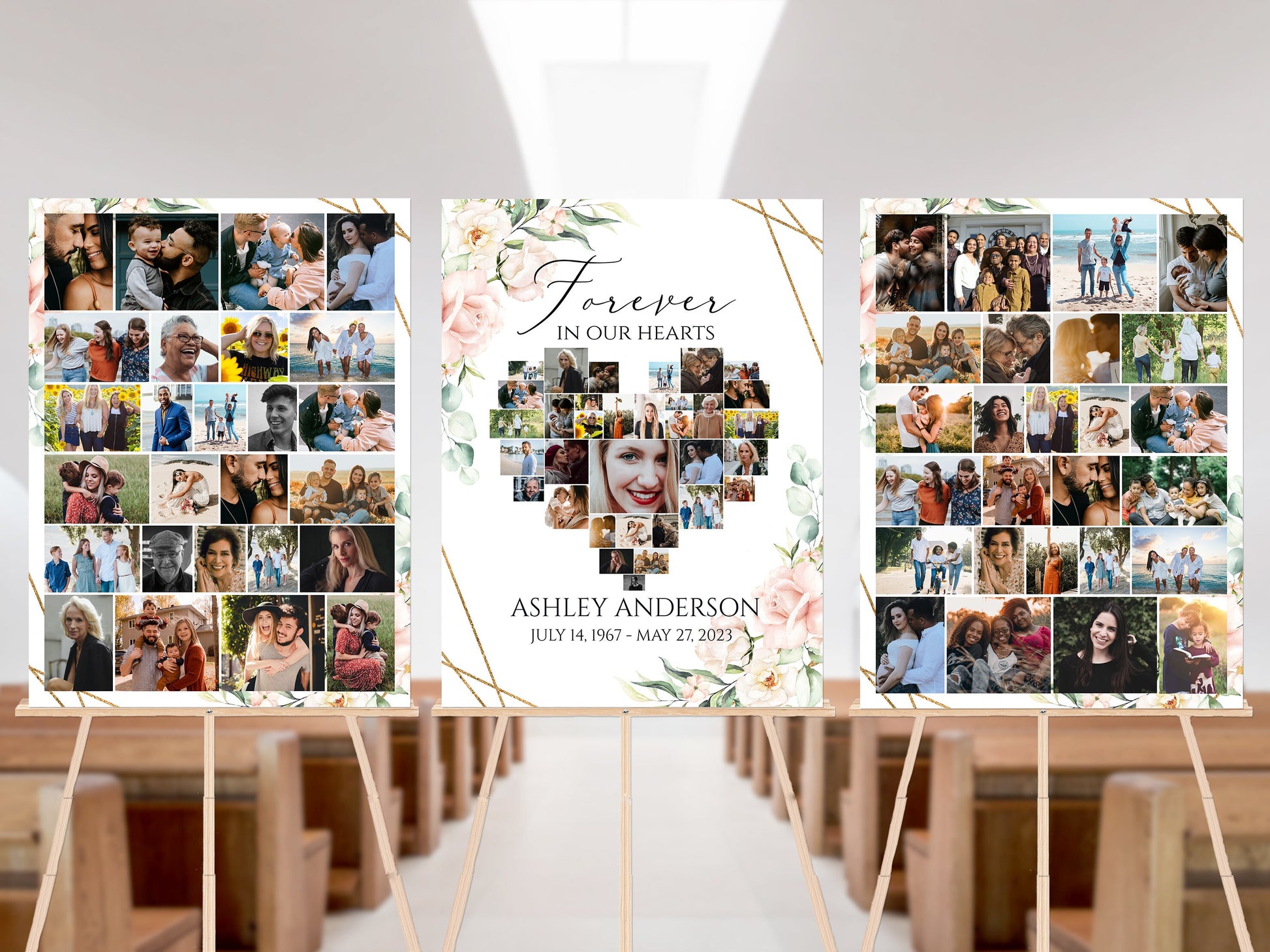 Celebration Of Life Funeral Poster, Blush Pink Roses Heart Photo Collage Funeral Sign, Forever in our Hearts Memorial Photo Display Set P4