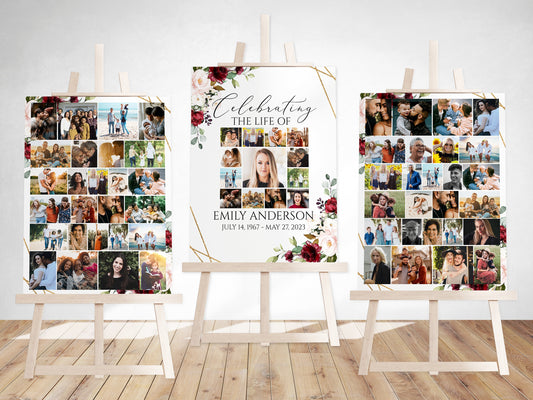 Celebration Of Life Funeral Poster, Editable Red Roses Photo Collage Funeral Sign, Photo Memorial Sign, Funeral Poster Photo Display Set R1