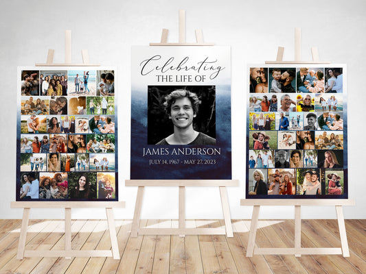 Celebration Of Life Funeral Poster Blue Watercolor Photo Collage Funeral Welcome Sign, Memorial Sign, Ocean Funeral Poster Photo Display Set B5