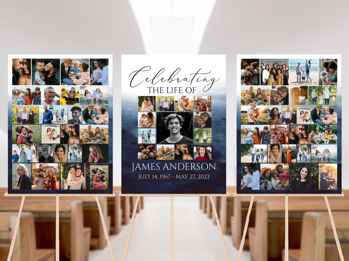 Celebration Of Life Funeral Poster, Blue Watercolor Photo Collage Funeral Sign, Photo Memorial Sign, Ocean Funeral Poster Photo Display Set B5