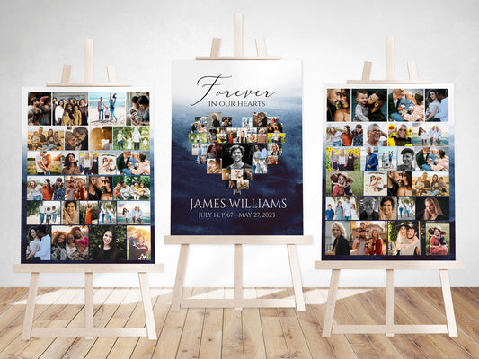 Celebration Of Life Funeral Poster, Blue Watercolor Heart Photo Collage Funeral Sign, Ocean Forever in our Hearts Memorial Photo Display Set B5