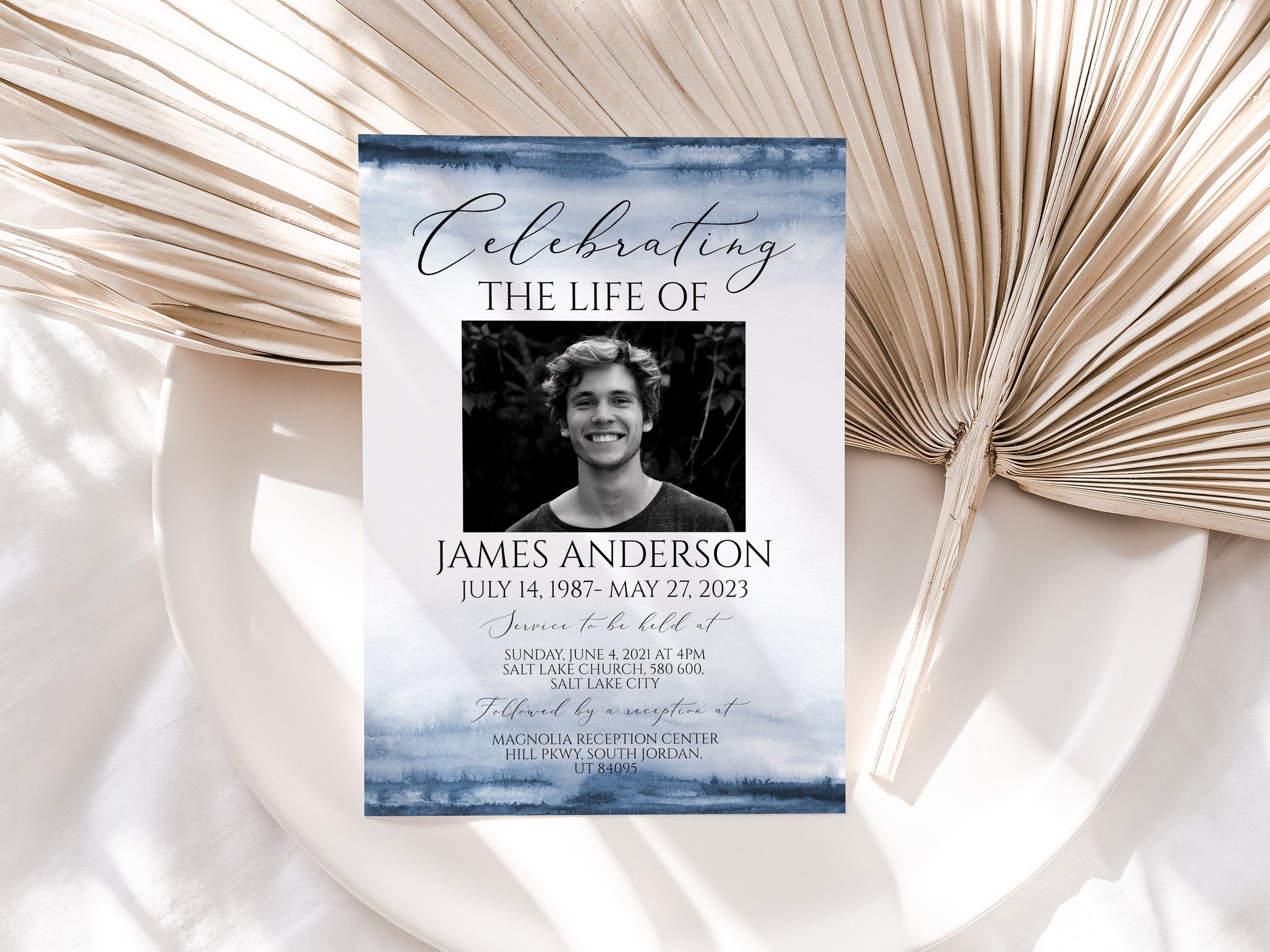 Celebration of life Blue Watercolor Funeral Invitation Template, Funeral Announcement for men Printable Boy Blue Memorial Service Invite B4