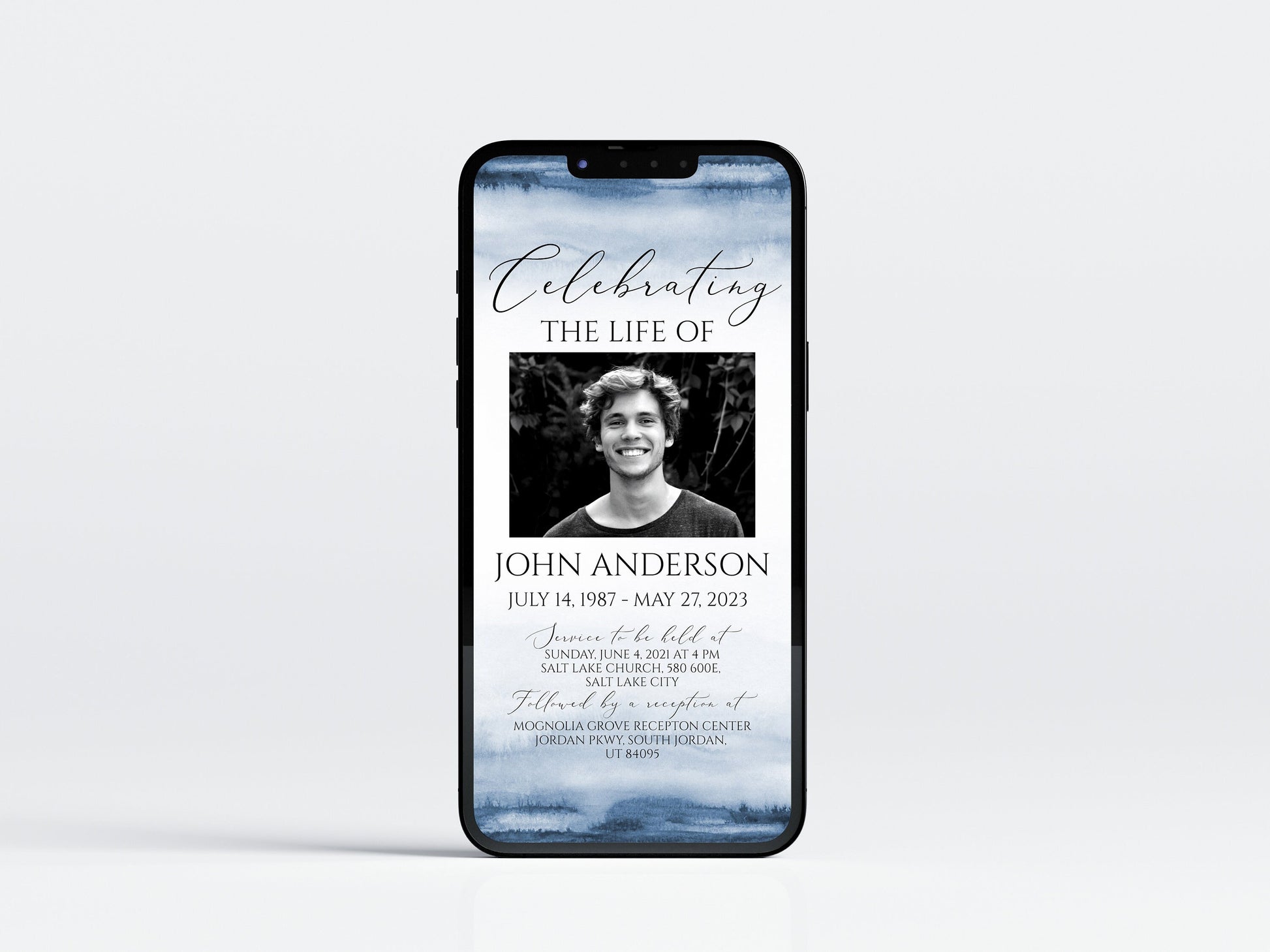 Blue Watercolor Digital Funeral Invitation, Electronic Funeral Invite for men, Memorial Service Evite Boy Blue Funeral Evite Template B4