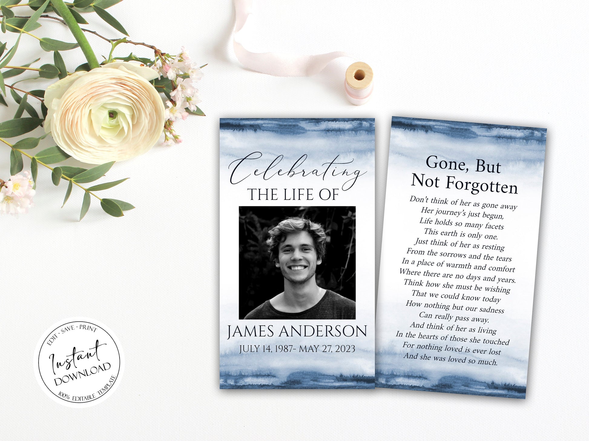 Editable Blue Watercolor Funeral Prayer Card, Printable Memorial Photo Prayer Card, Baby Boy Prayer Card Celebration of life Prayer Cards B4