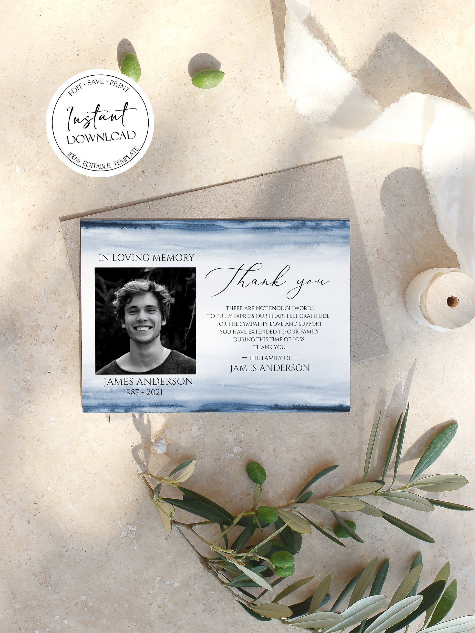 Blue Watercolor Funeral Thank You Cards, Celebration of life Funeral Photo Thank You, Printable Memorial Thank You Card, Sympathy Card B4