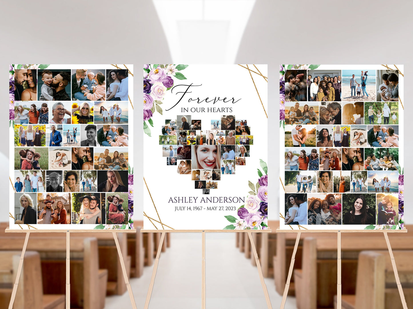 Celebration Of Life Funeral Poster, Editable Purple Heart Photo Collage Funeral Sign, Forever in our Hearts, Memorial Photo Display Set P1