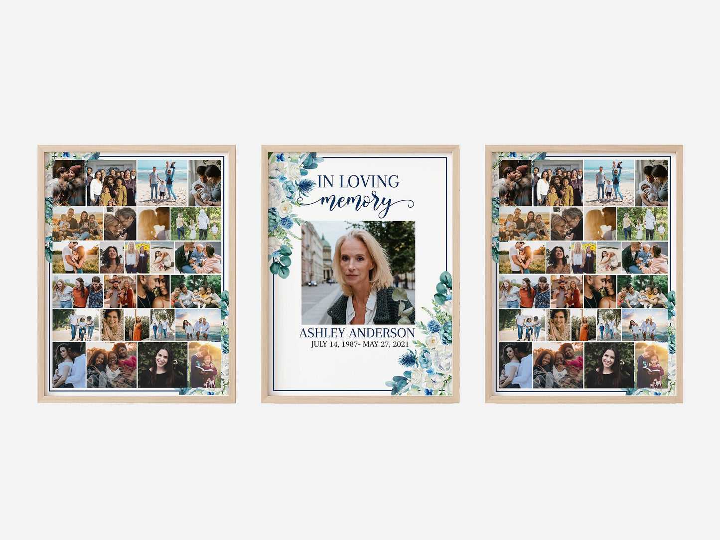 In Loving Memory Blue White Floral Photo Collage Funeral Welcome Sign Template, Blue White Photo Collage Memorial Sign, Funeral Poster Photo Display Set B1