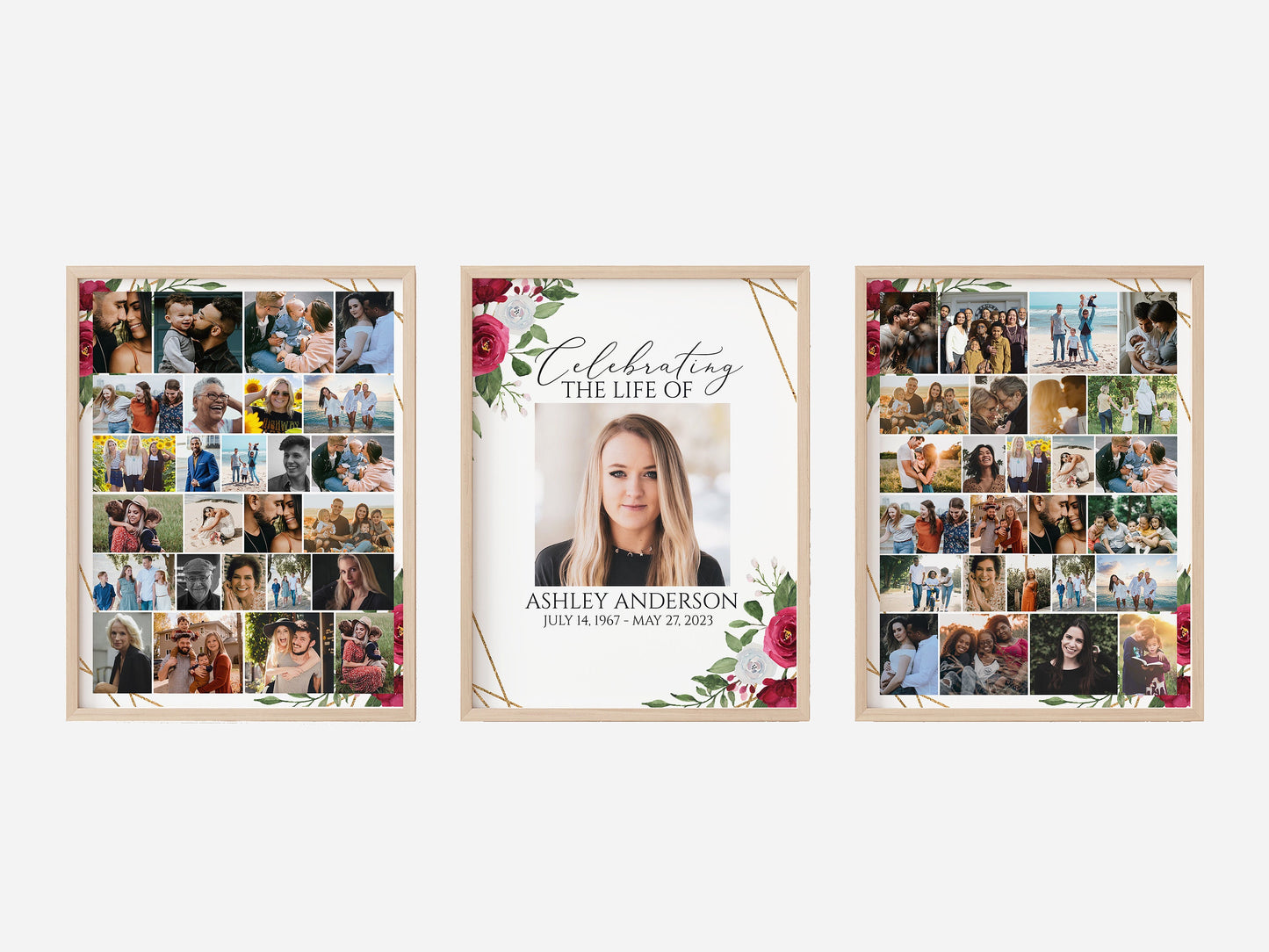 Celebration Of Life White Pink Roses Photo Collage Funeral Welcome Sign Set Templates P2