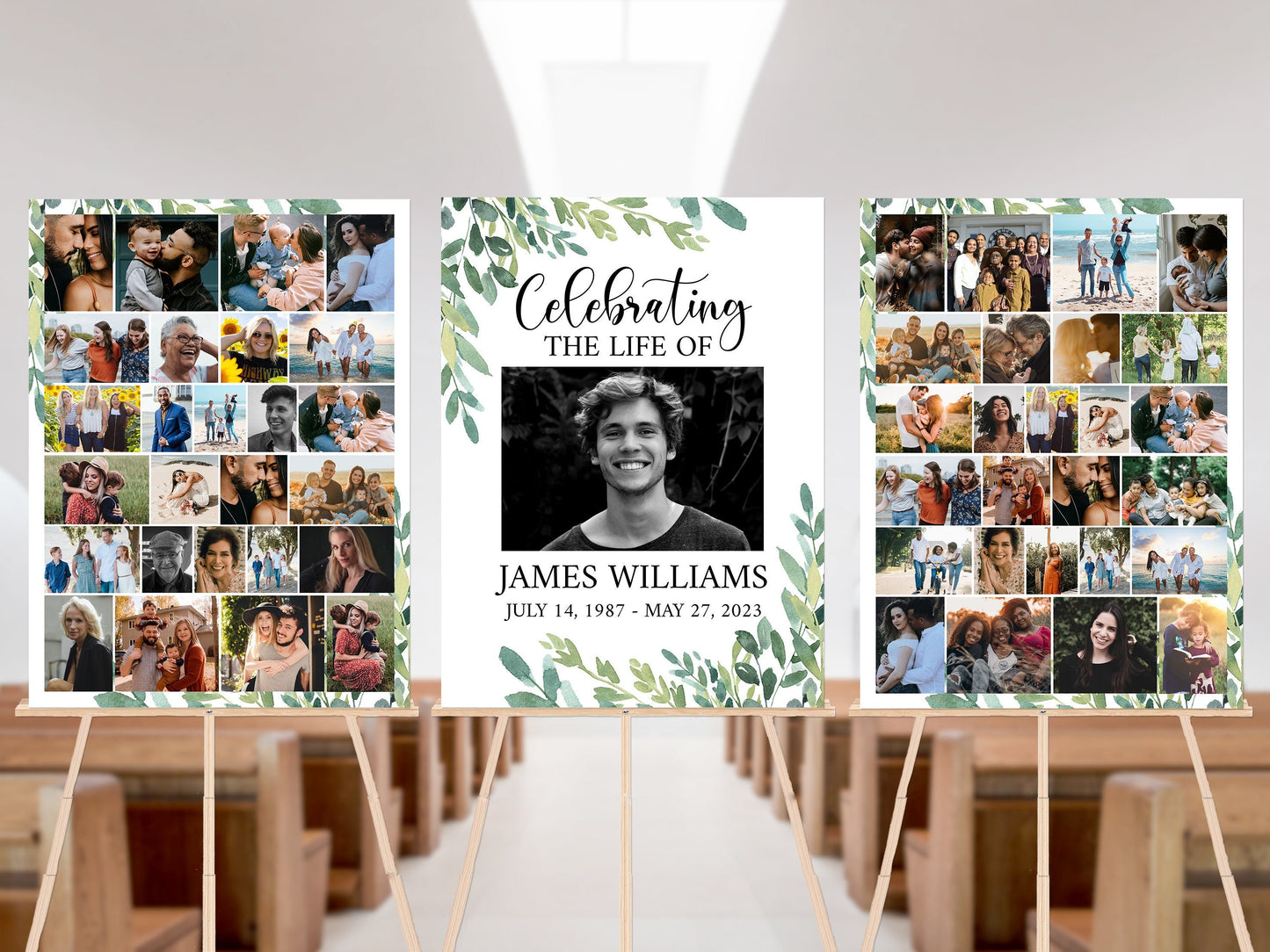 Celebration Of Life Watercolor Greenery Photo Collage Funeral Welcome Sign Templates, Editable Greenery Photo Collage Memorial Sign, Funeral Photo Display Set G2