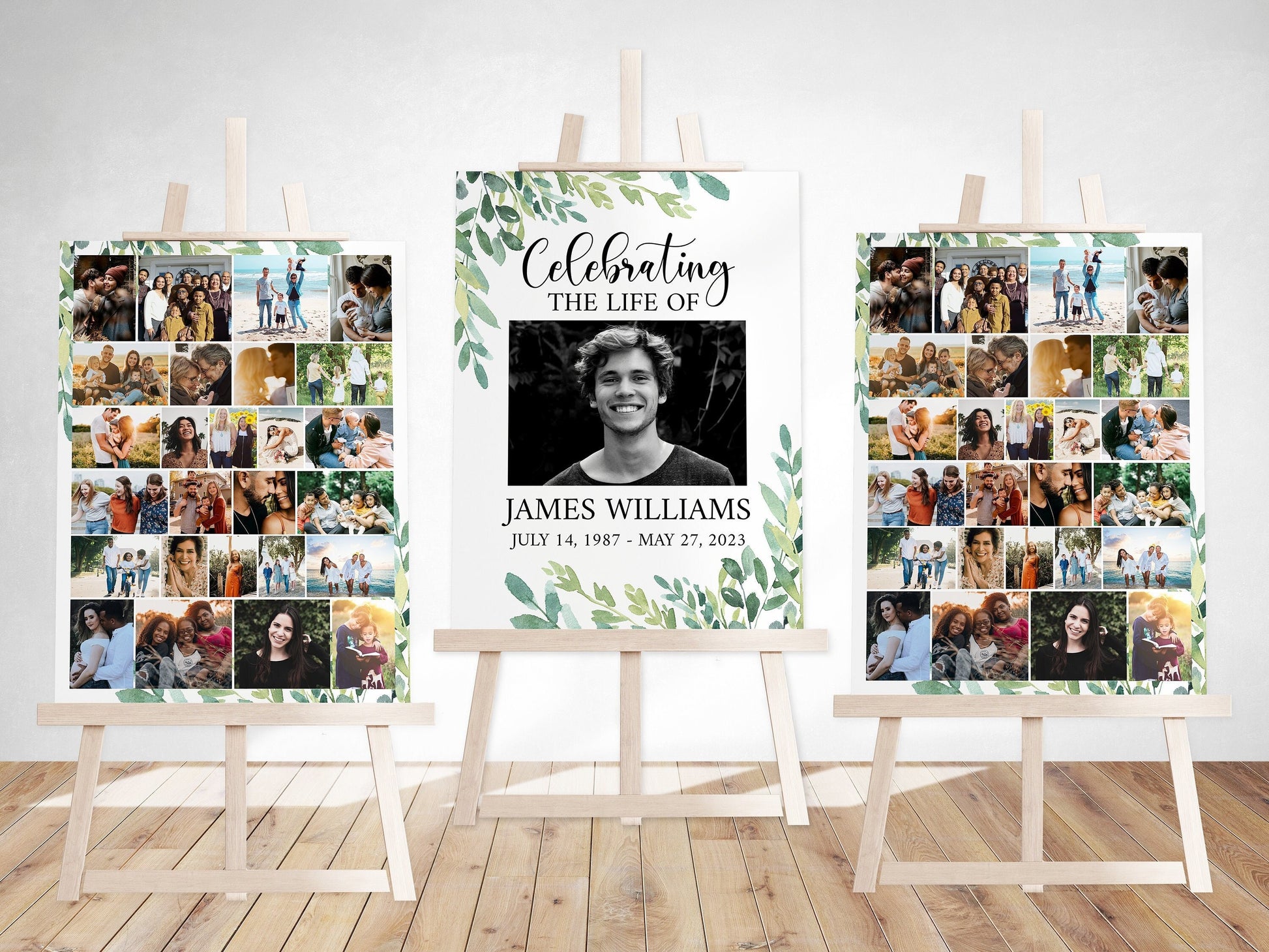 Celebration Of Life Watercolor Greenery Photo Collage Funeral Welcome Sign Templates, Editable Greenery Photo Collage Memorial Sign, Funeral Photo Display Set G2