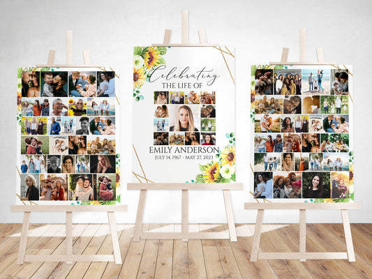 Celebration Of Life Sunflower Photo Collage Funeral Welcome Sign Templates, Sunflower Photo Memorial Sign, Sunflower Funeral Poster Photo Display Set