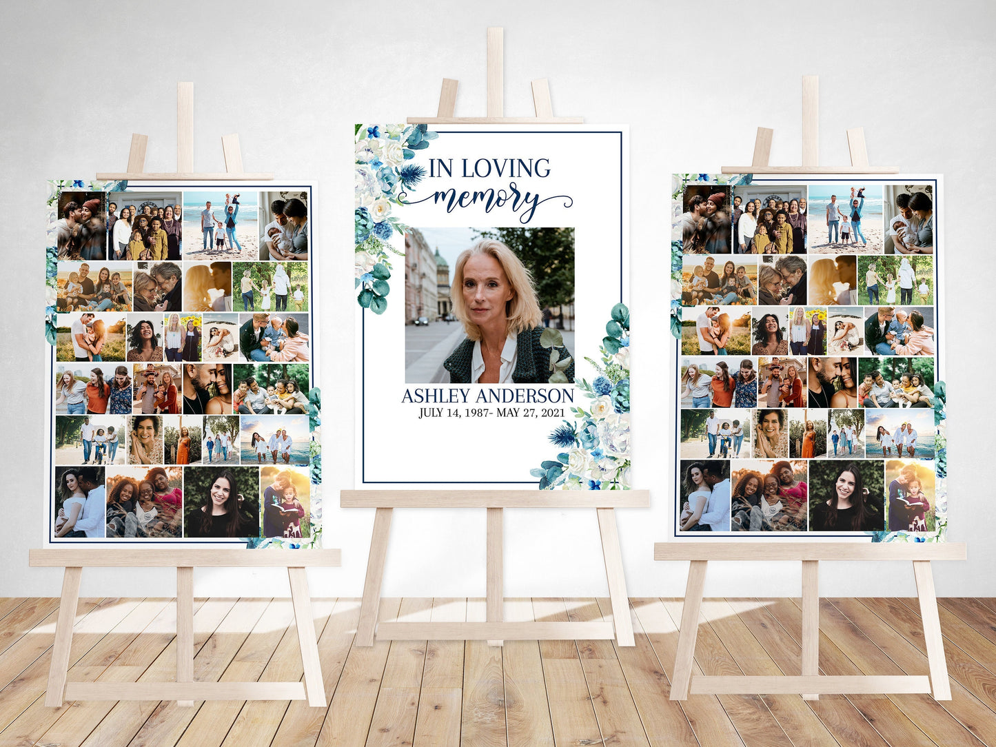 In Loving Memory Blue White Floral Photo Collage Funeral Welcome Sign Template, Blue White Photo Collage Memorial Sign, Funeral Poster Photo Display Set B1