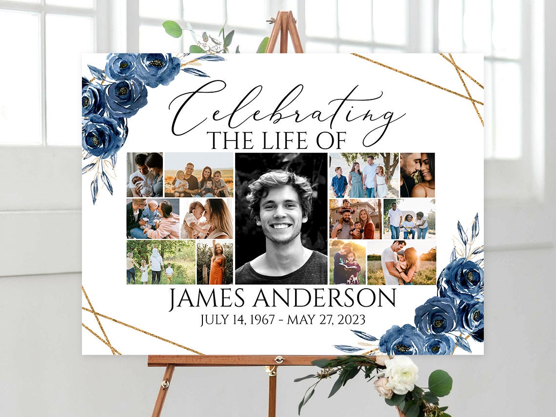 Celebration Of Life Royal Blue Flowers Gold Photo Collage Funeral Welcome Sign Template, Editable Royal Blue Photo Collage Funeral Poster, Collage Memorial Service Sign