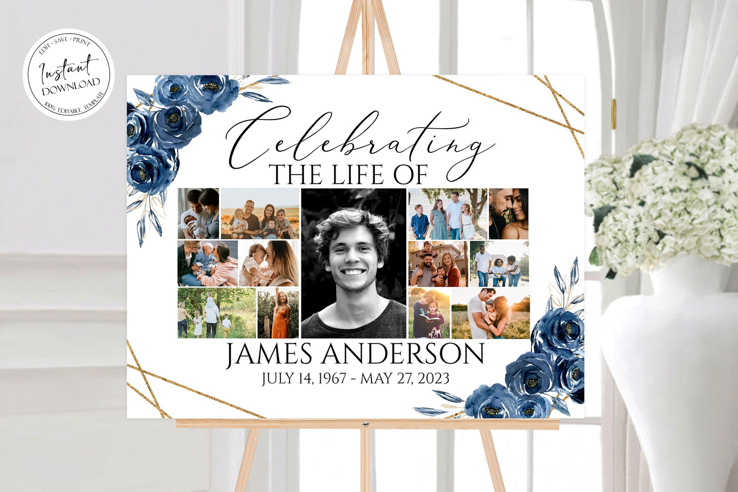 Celebration Of Life Royal Blue Flowers Gold Photo Collage Funeral Welcome Sign Template, Editable Royal Blue Photo Collage Funeral Poster, Collage Memorial Service Sign