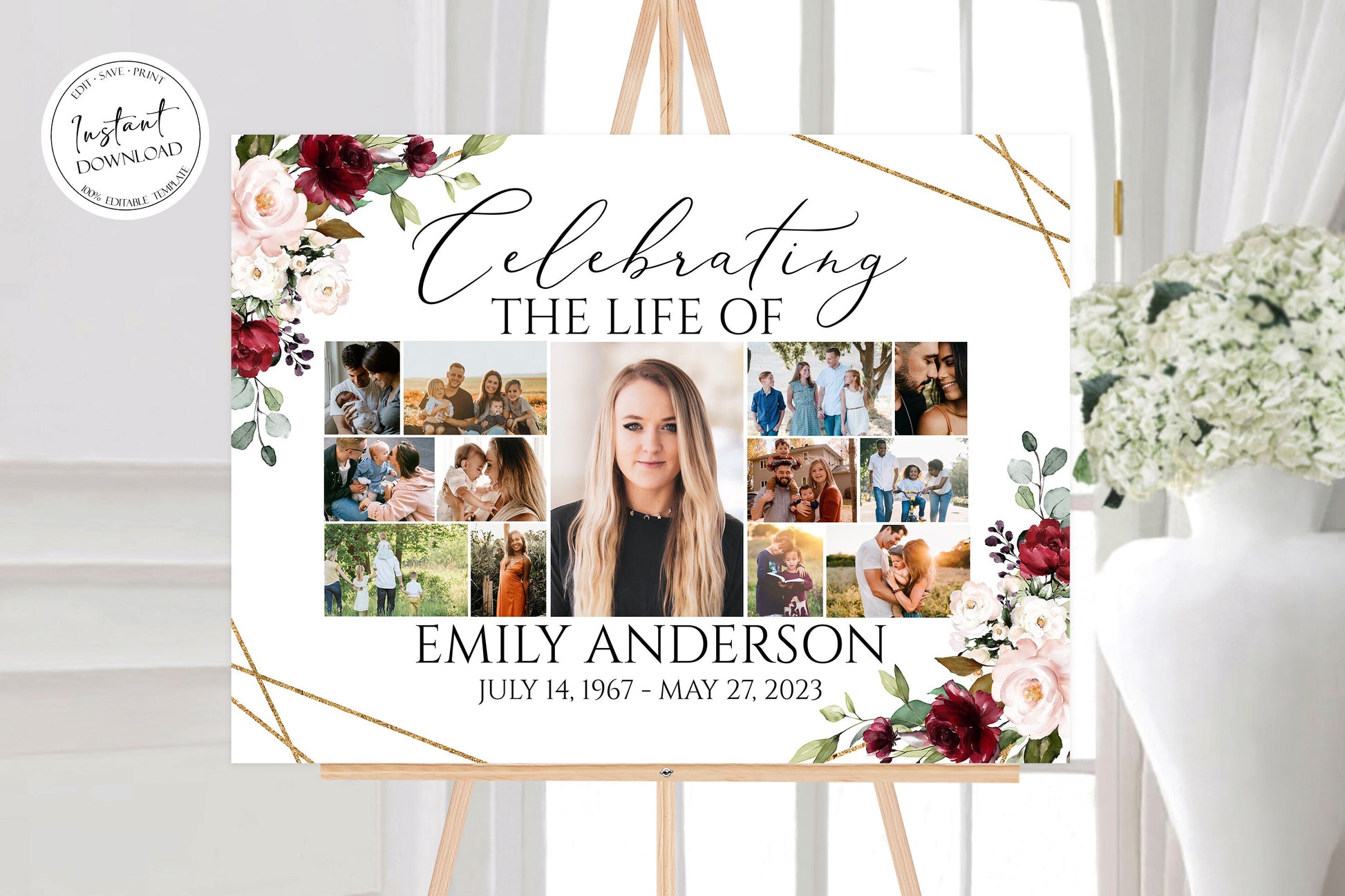 Red Roses Celebration Of Life Funeral Welcome Sign Multiple Photos Funeral Poster Editable Red Roses Greenery Photo Collage Memorial Sign R1