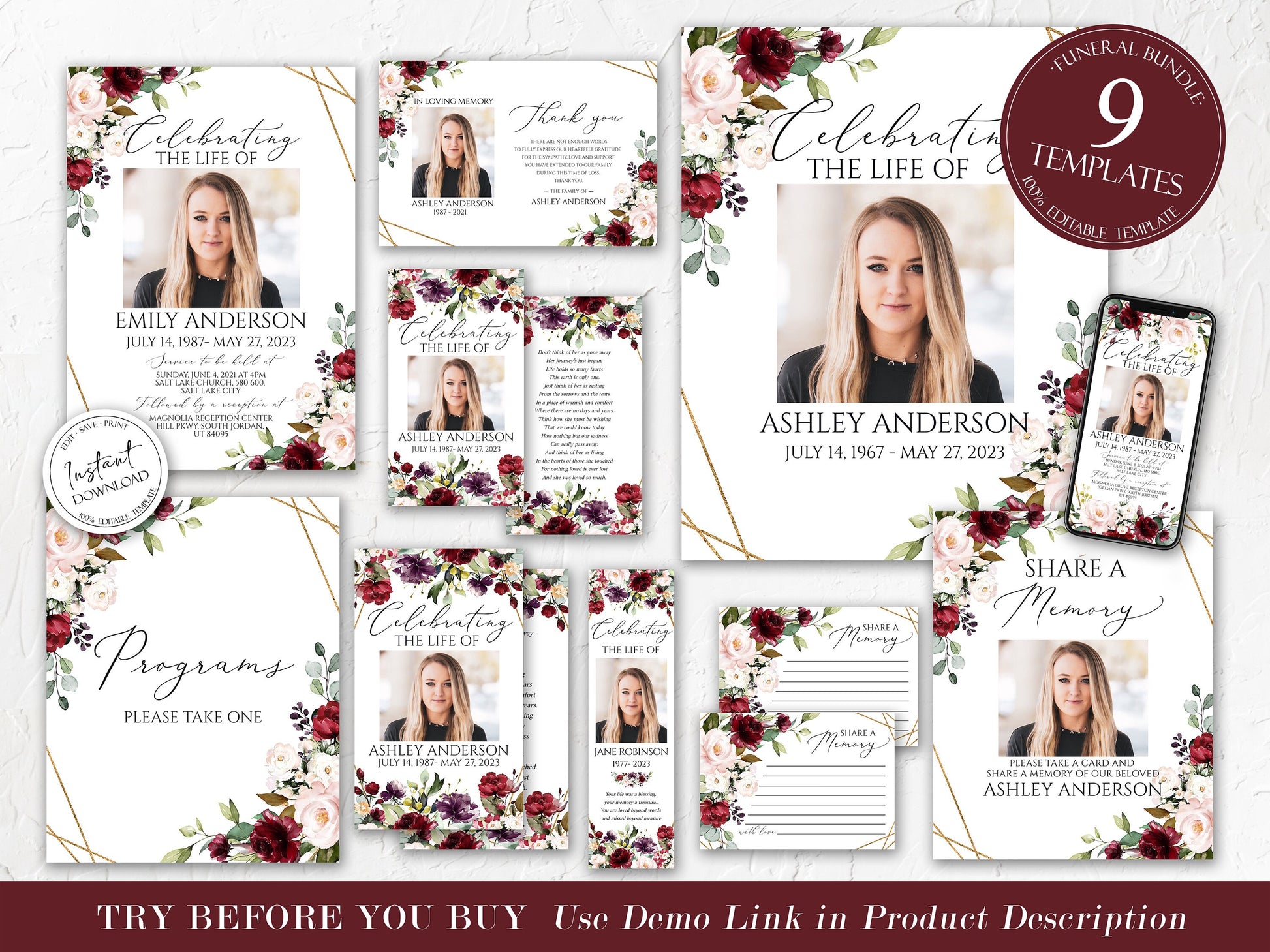 Red Roses Celebration Of Life Funeral Welcome Sign Multiple Photos Funeral Poster Editable Red Roses Greenery Photo Collage Memorial Sign R1