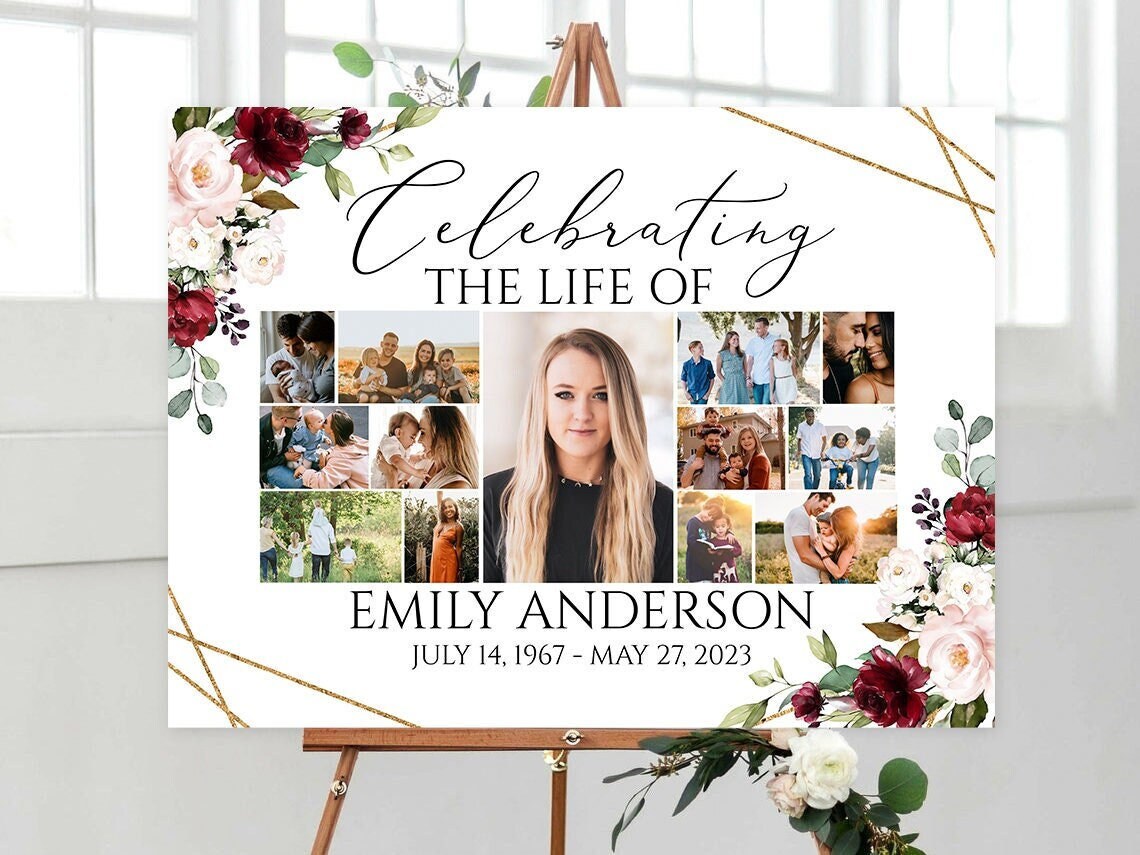 Red Roses Celebration Of Life Funeral Welcome Sign Multiple Photos Funeral Poster Editable Red Roses Greenery Photo Collage Memorial Sign R1