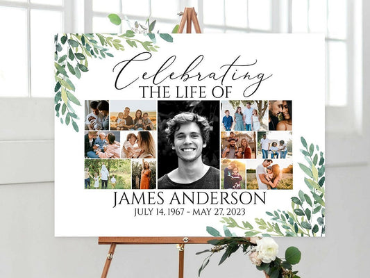 Celebration Of Life Multiple Photos Funeral Welcome Poster, Editable Celebration Of Life Watercolor Greenery Photo Collage Funeral Welcome Sign Template, Collage Memorial Service Sign G2