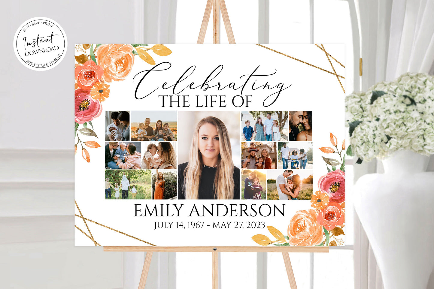 Celebration Of Life Orange Floral Gold Fall Photo Collage Funeral Welcome Sign Template, Editable Autumn Orange Flowers Photo Collage Memorial Sign