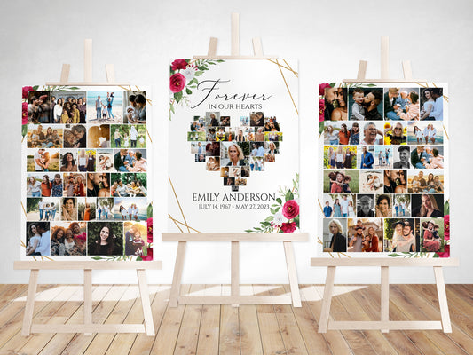 Celebration Of Life Forever in our Hearts White Pink Roses Heart Heart Photo Collage Funeral Welcome Sign Set Template, Memorial Photo Display Set P2