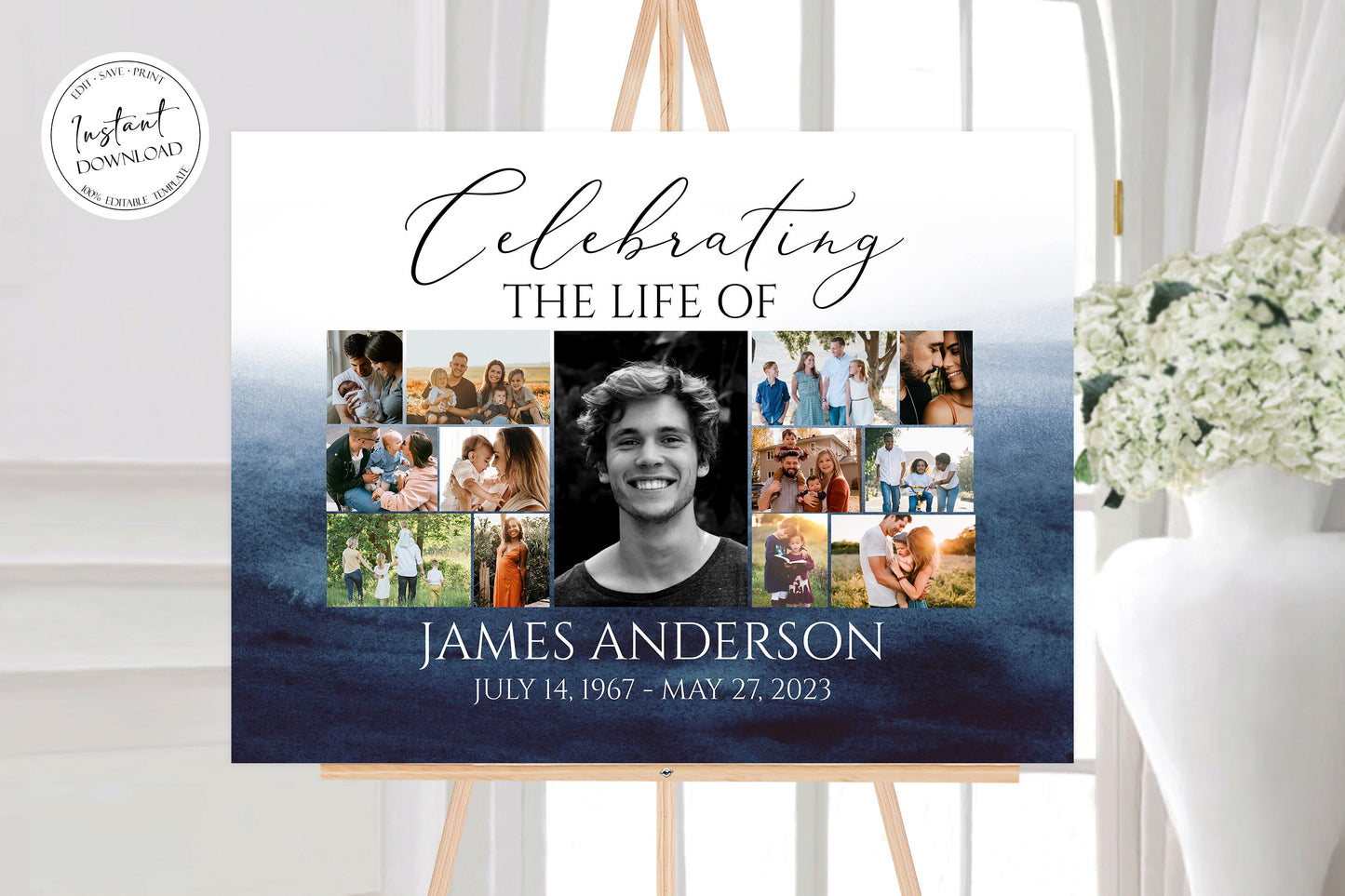 Celebration Of Life Multiple Photos Funeral Welcome Sign, Blue Watercolor Collage Funeral Poster, Ocean Photo Collage Memorial Service Sign B5