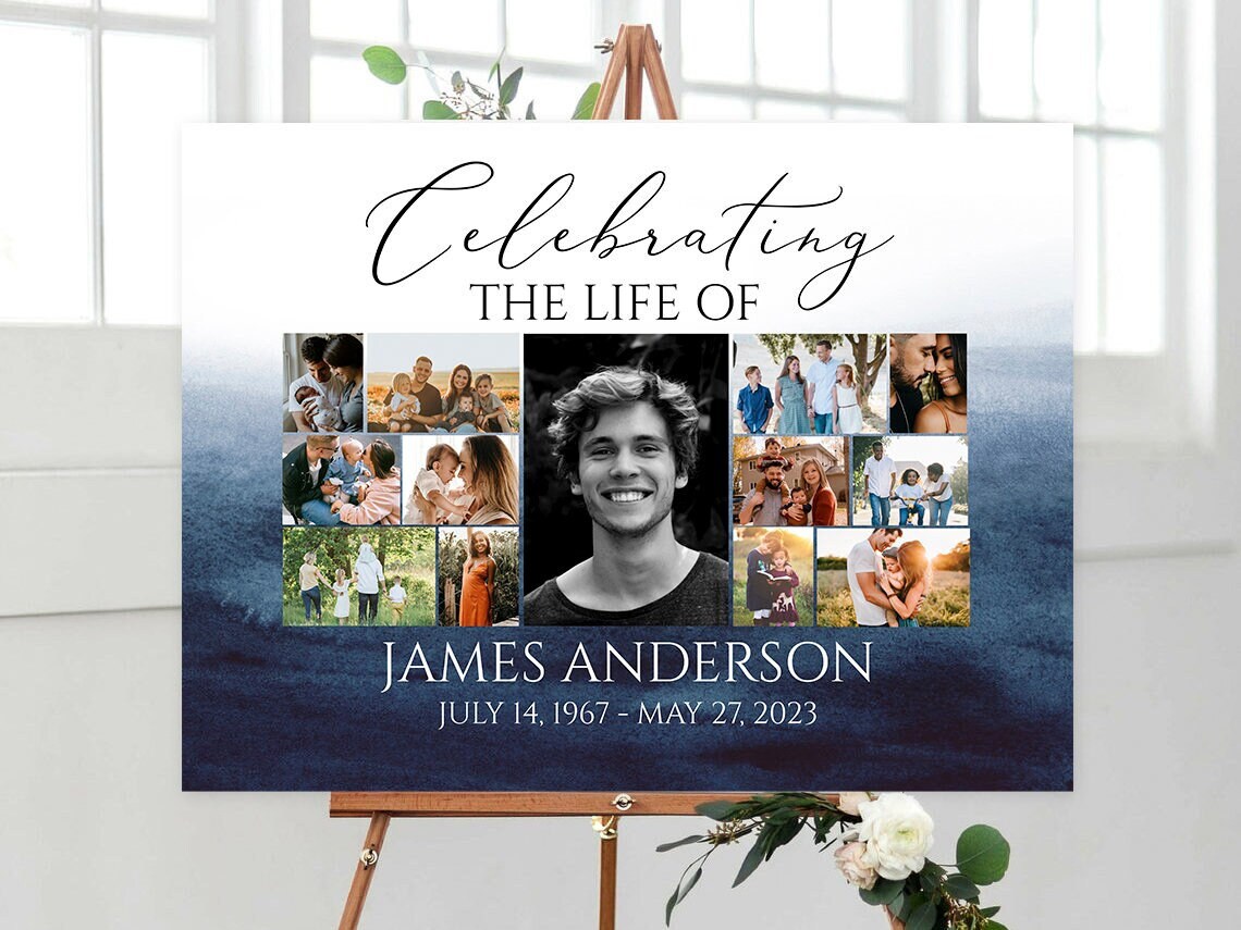 Celebration Of Life Multiple Photos Funeral Welcome Sign, Blue Watercolor Collage Funeral Poster, Ocean Photo Collage Memorial Service Sign B5