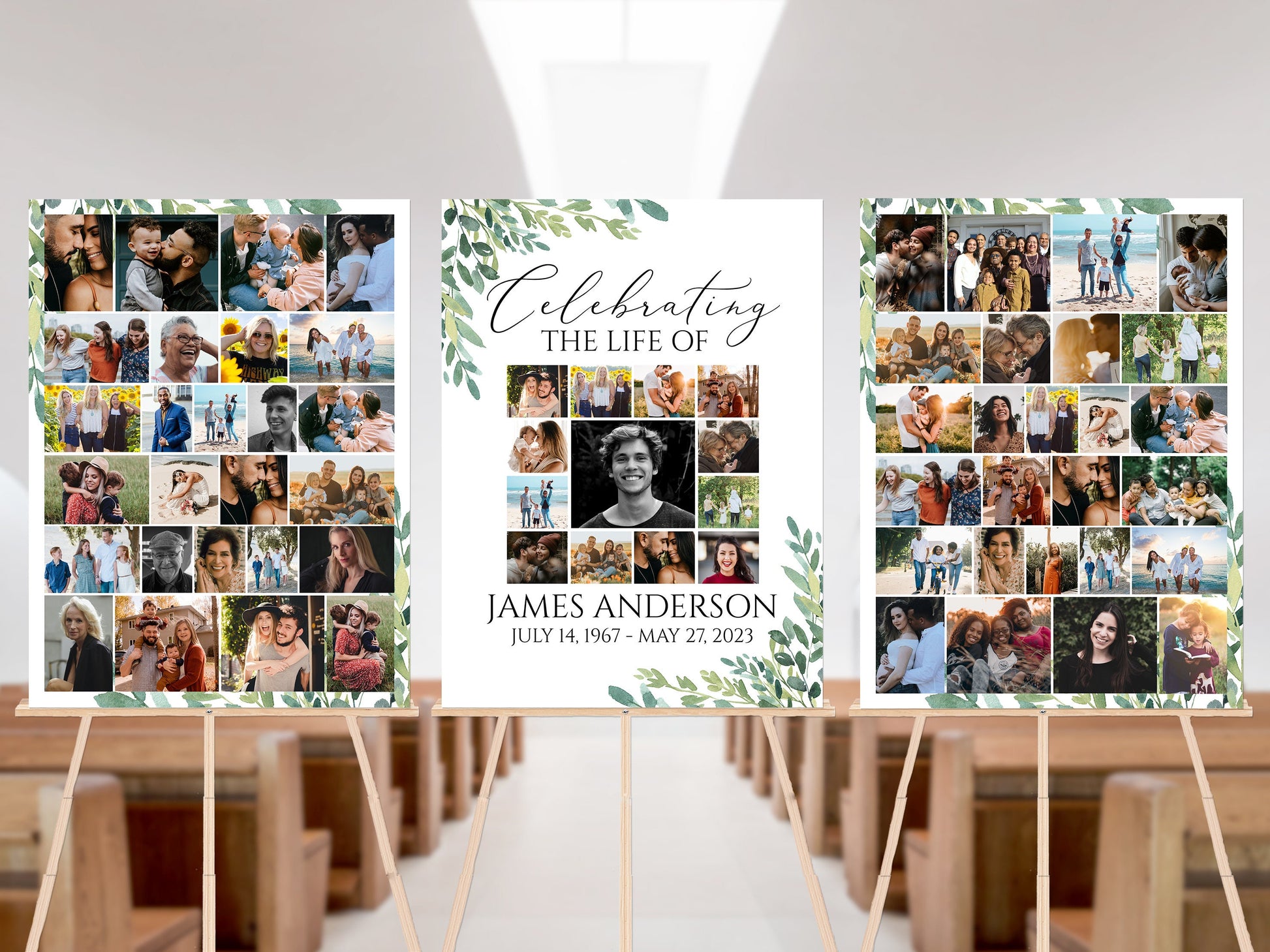 Celebration Of Life Watercolor Greenery Photo Collage Funeral Welcome Sign Templates, Editable Greenery Photo Collage Funeral Poster, Photo Memorial Sign, Funeral Photo Display Set G2