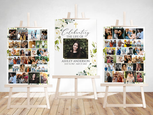 Celebration Of Life White Greenery Floral Gold Cross Photo Collage Funeral Welcome Sign Templates, White Greenery Photo Memorial Sign, Funeral Photo Display Set