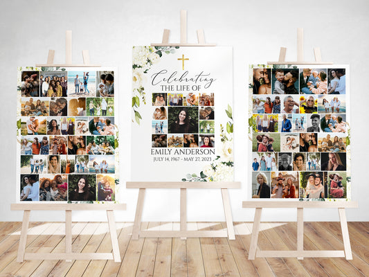 Celebration Of Life White Greenery Floral Gold Cross Photo Collage Funeral Welcome Sign Templates, White Greenery Photo Memorial Sign Funeral Poster Photo Display Set