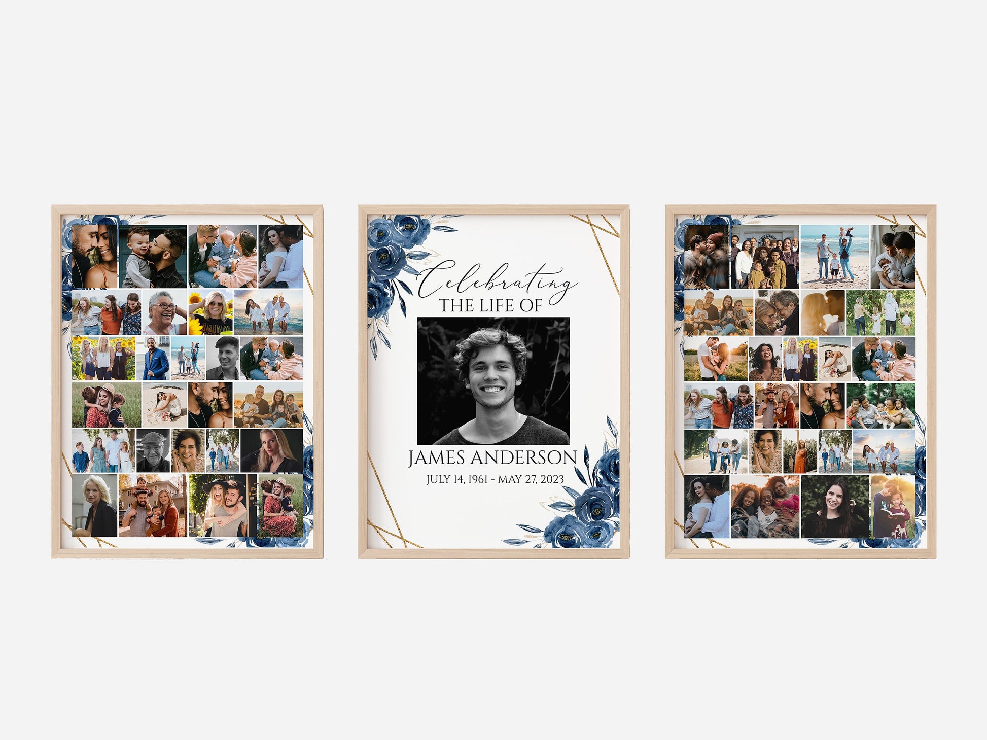 Celebration Of Life Royal Blue Flowers Gold Photo Collage Funeral Welcome Sign Set Templates, Photo Memorial Sign, Blue Funeral Photo Display Set B2