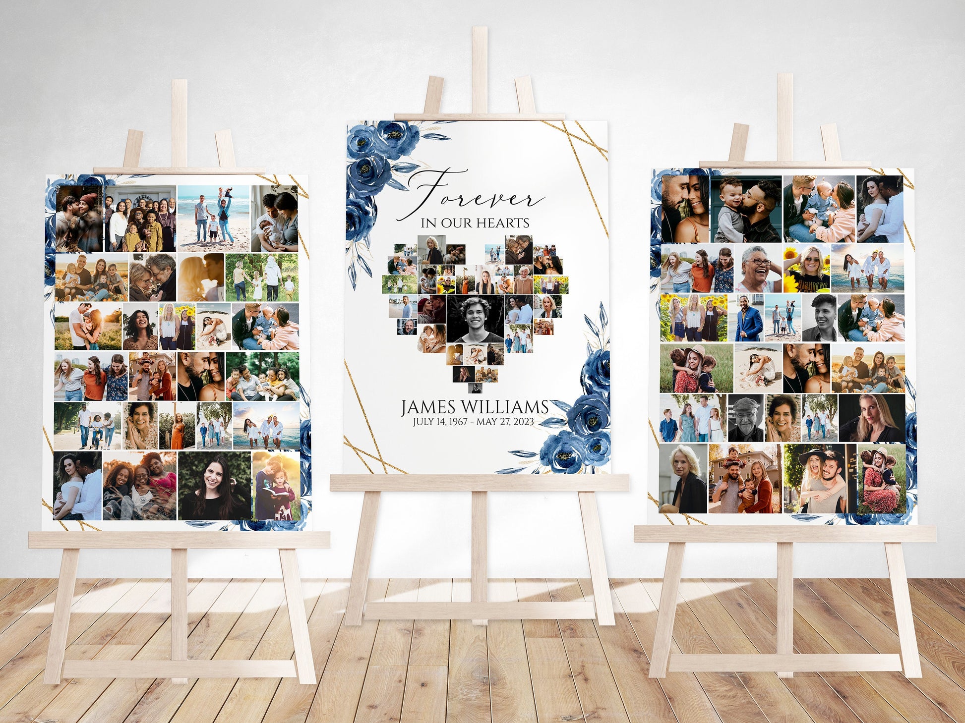 Celebration Of Life Royal Blue Flowers Gold Photo Collage Funeral Welcome Sign Set Template, Royal Blue Floral Heart Photo Collage Funeral Sign, Forever in our Hearts Blue Memorial Photo Display B2