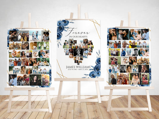 Celebration Of Life Royal Blue Flowers Gold Photo Collage Funeral Welcome Sign Set Template, Royal Blue Floral Heart Photo Collage Funeral Sign, Forever in our Hearts Blue Memorial Photo Display B2