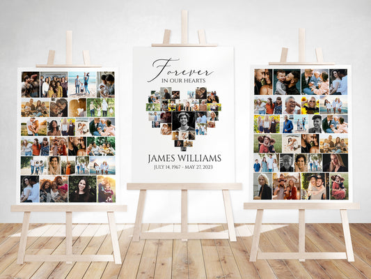 Celebration Of Life Funeral Poster, Editable Heart Photo Collage Funeral Sign, Forever in our Hearts Simple Memorial Photo Display Set S1
