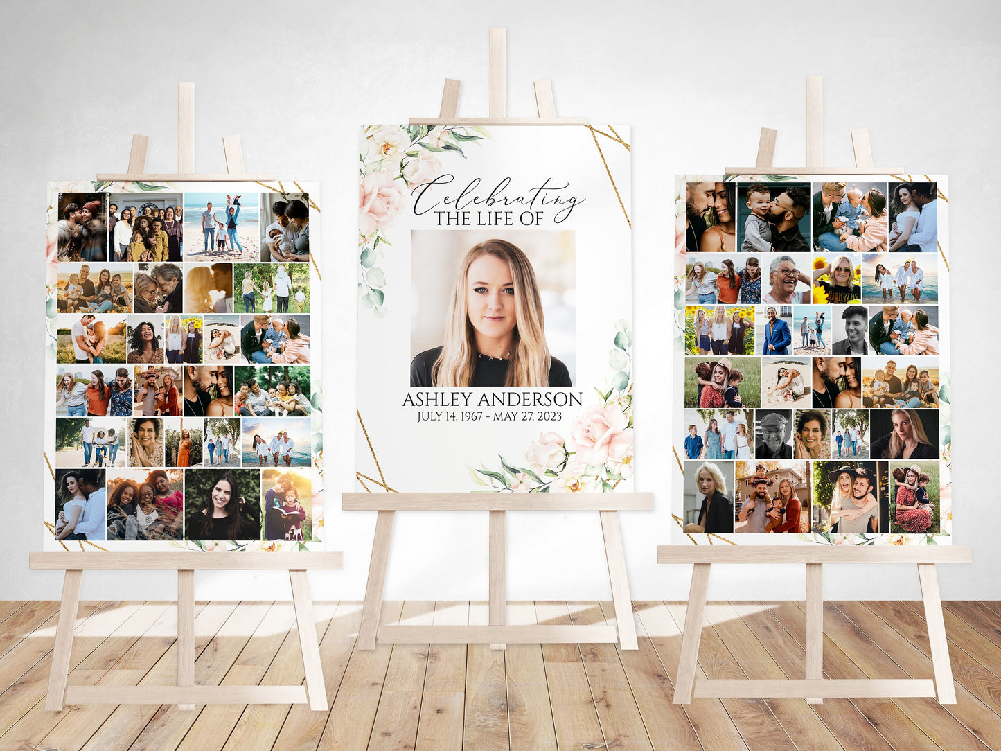 Celebration Of Life Blush Pink Roses Photo Collage Funeral Welcome Sign Template P4