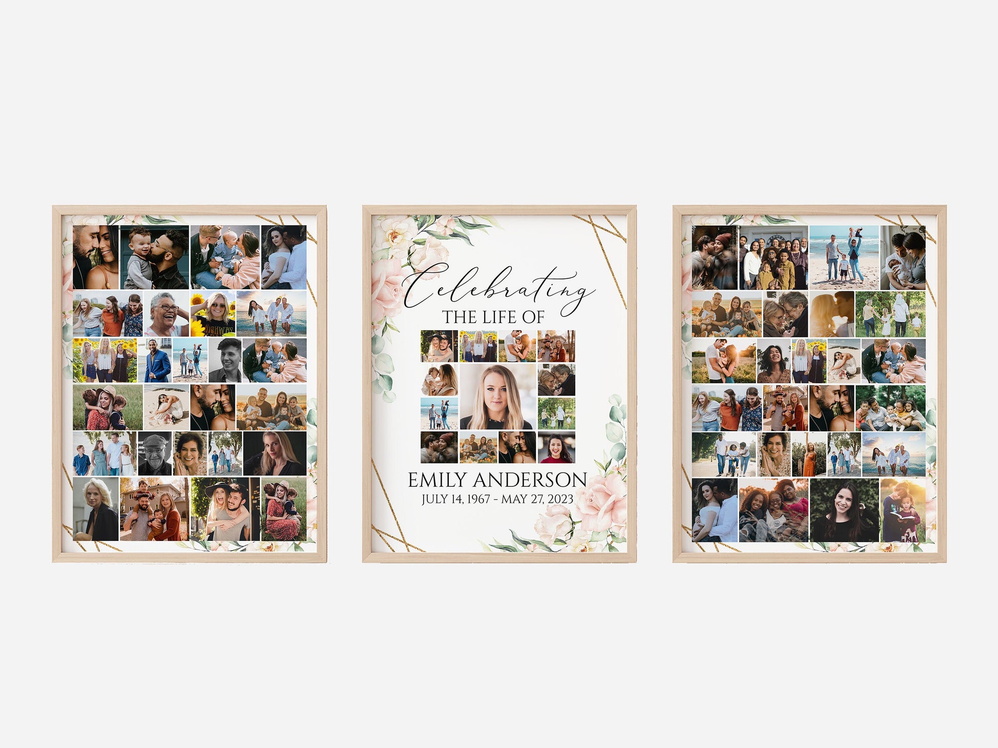 Celebration Of Life Funeral Poster, Editable Blush Pink Roses Photo Collage Funeral Sign, Memorial Sign, Funeral Poster Photo Display Set P4