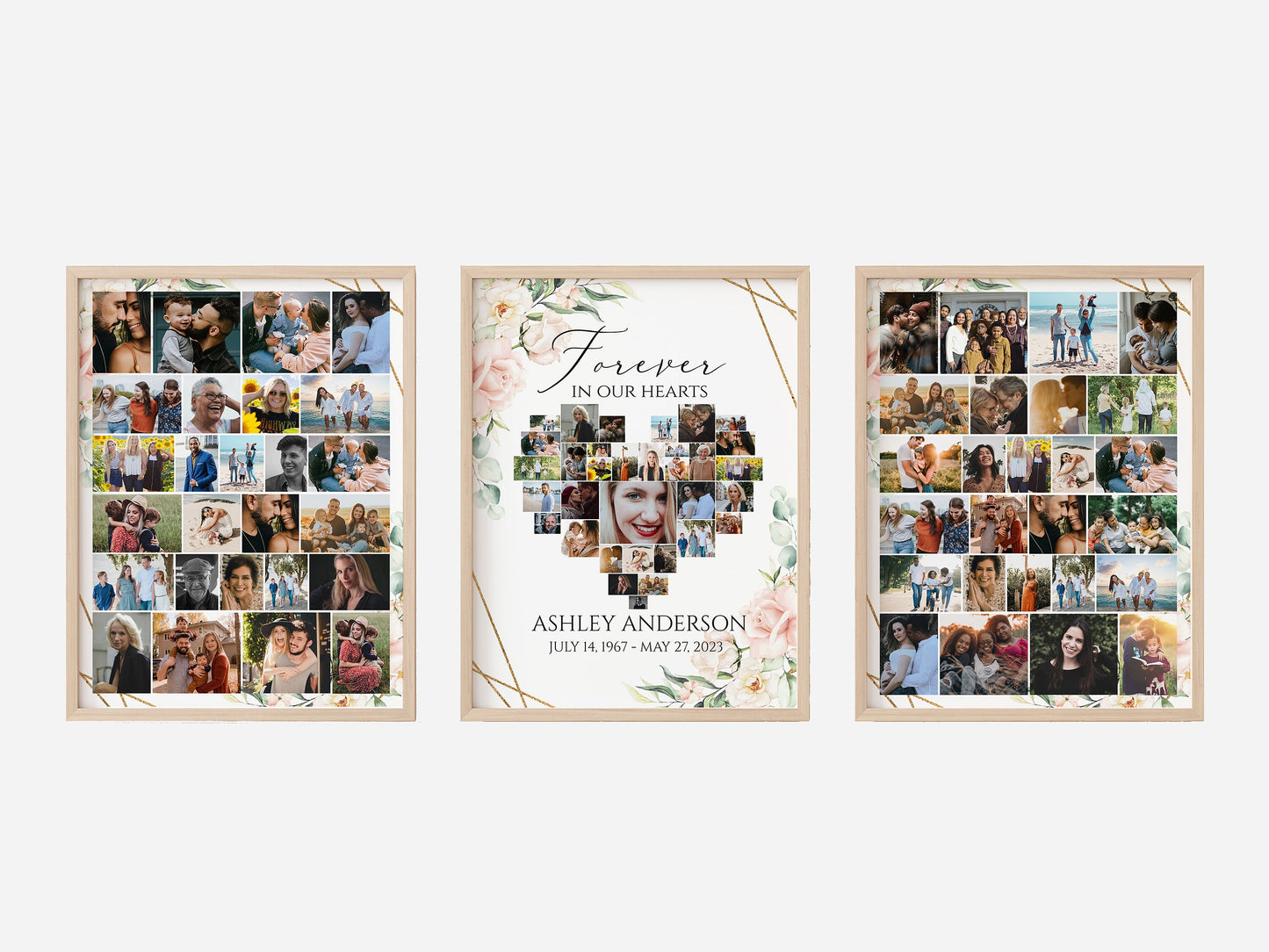 Celebration Of Life Funeral Poster, Blush Pink Roses Heart Photo Collage Funeral Sign, Forever in our Hearts Memorial Photo Display Set P4