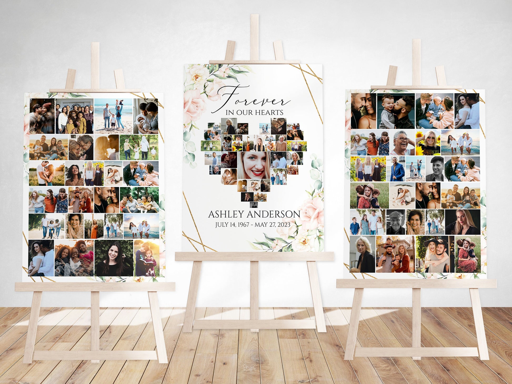 Celebration Of Life Funeral Poster, Blush Pink Roses Heart Photo Collage Funeral Sign, Forever in our Hearts Memorial Photo Display Set P4