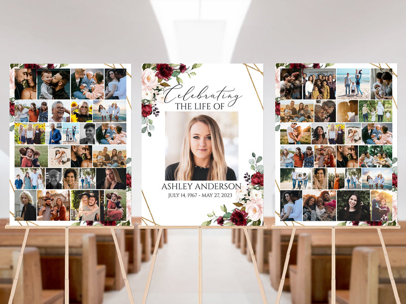 Celebration Of Life Red Roses Photo Collage Funeral Welcome Sign Set R ...